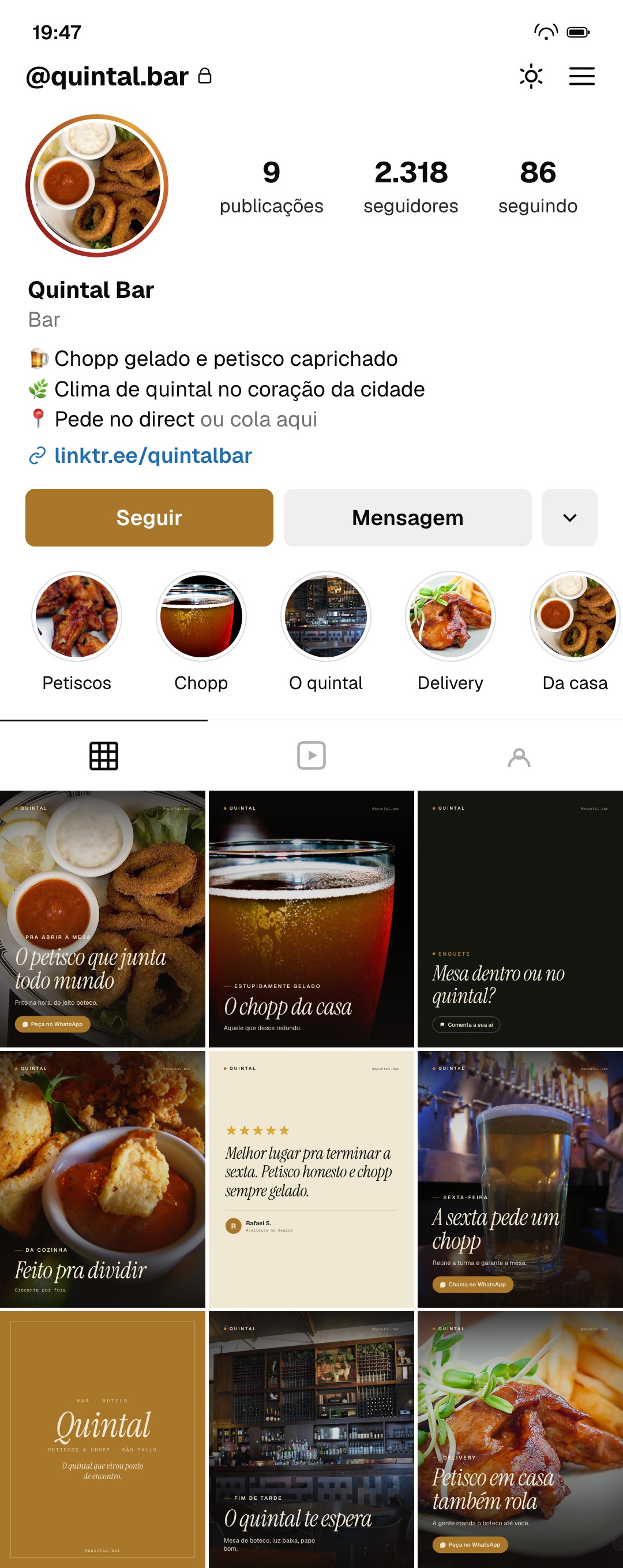 Exemplo de perfil de Instagram de um bar, feed cuidado pela Postaí