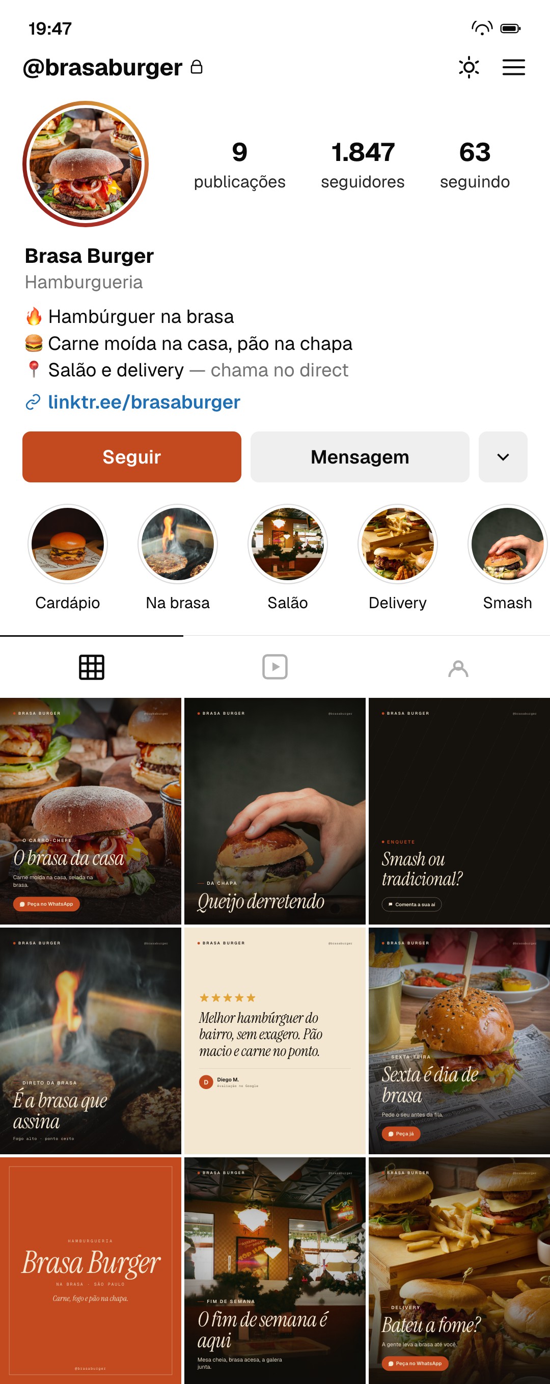 Exemplo de perfil de Instagram de uma hamburgueria, feed cuidado pela Postaí