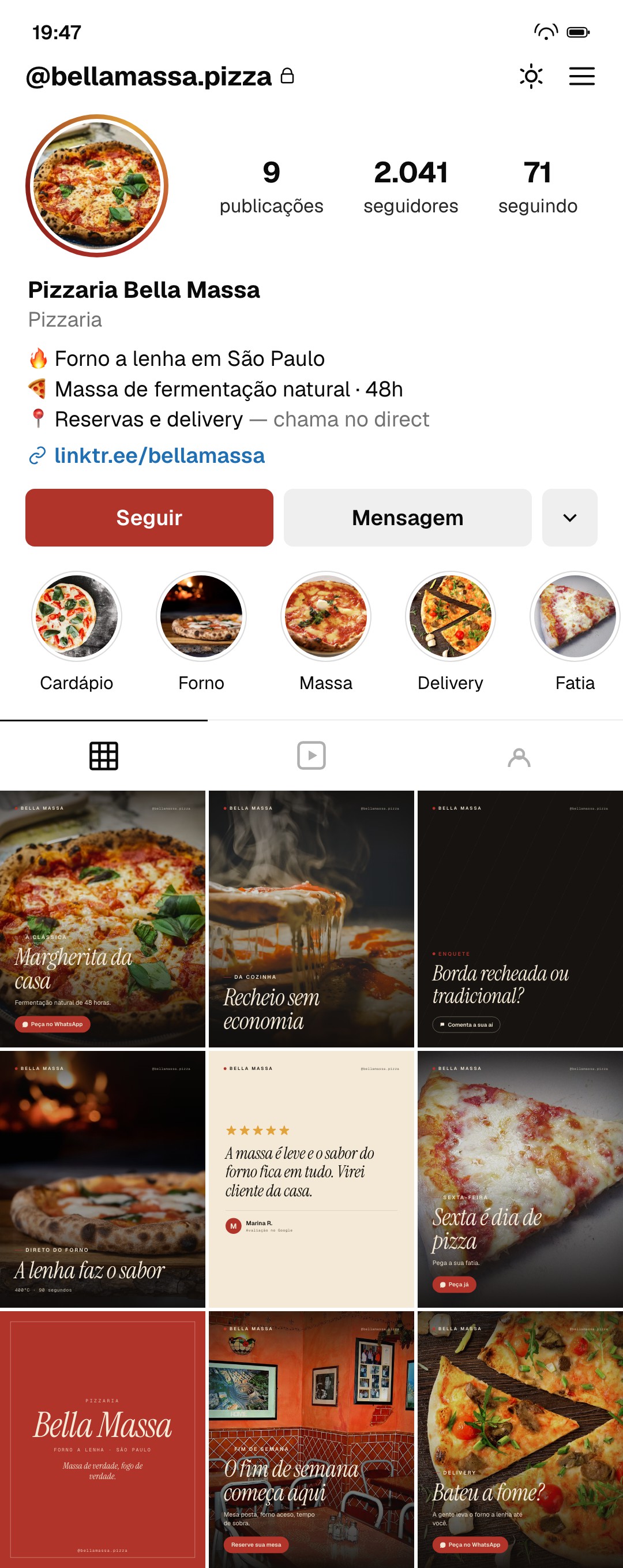 Exemplo de perfil de Instagram de uma pizzaria, feed cuidado pela Postaí